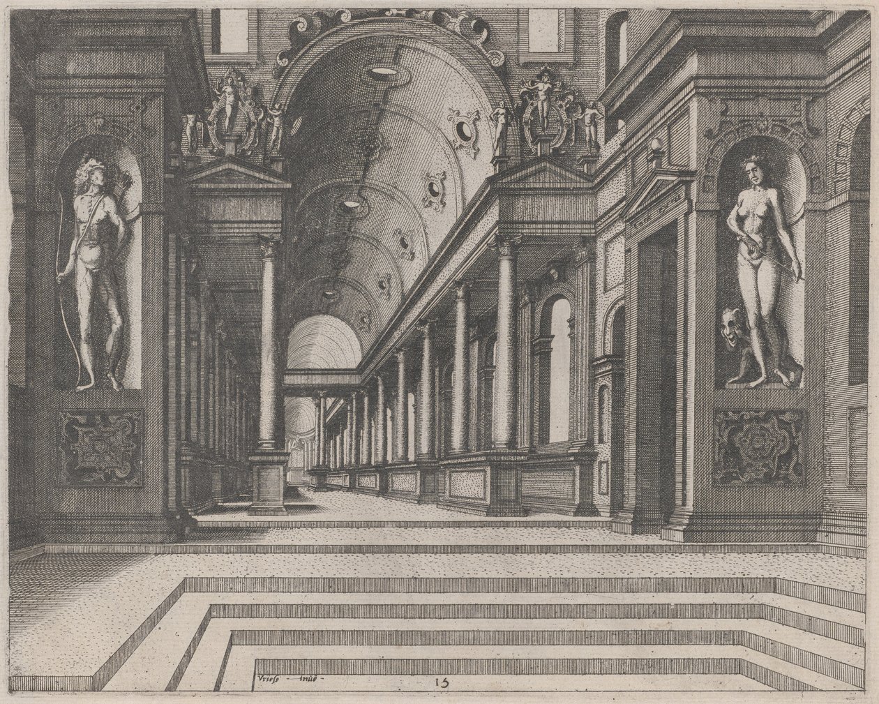 Se i en kirke med korintiske søjler og statuer af Apollo, Melpomene og Moses af Lucas van Doetechum and Johannes