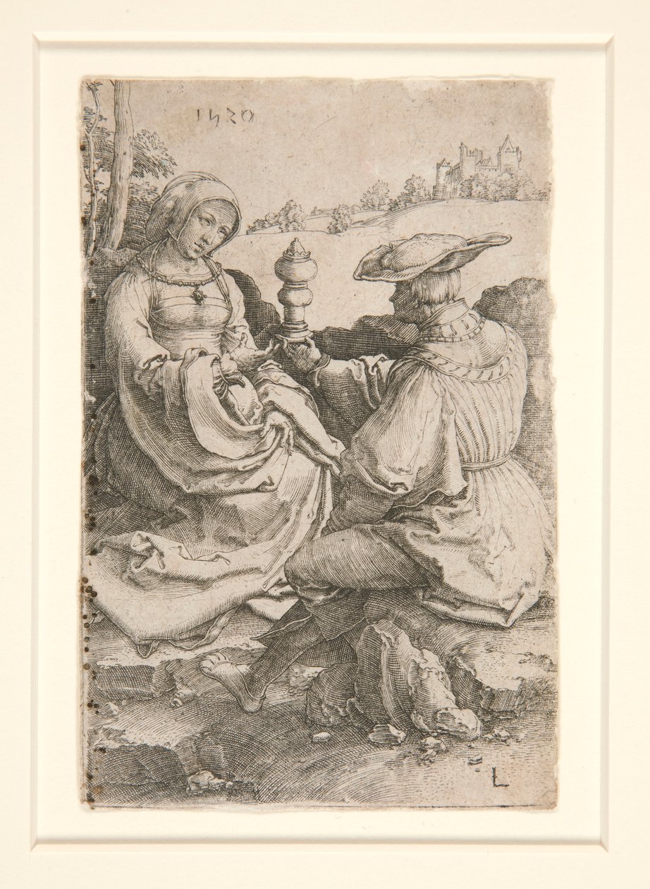 En adelsmand og en dame siddende i et landskab af Lucas van Leyden