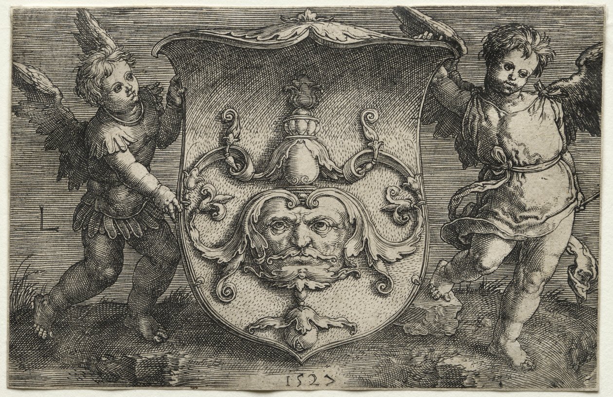 Et skjold med en maske understøttet af to genier, 1527. af Lucas van Leyden