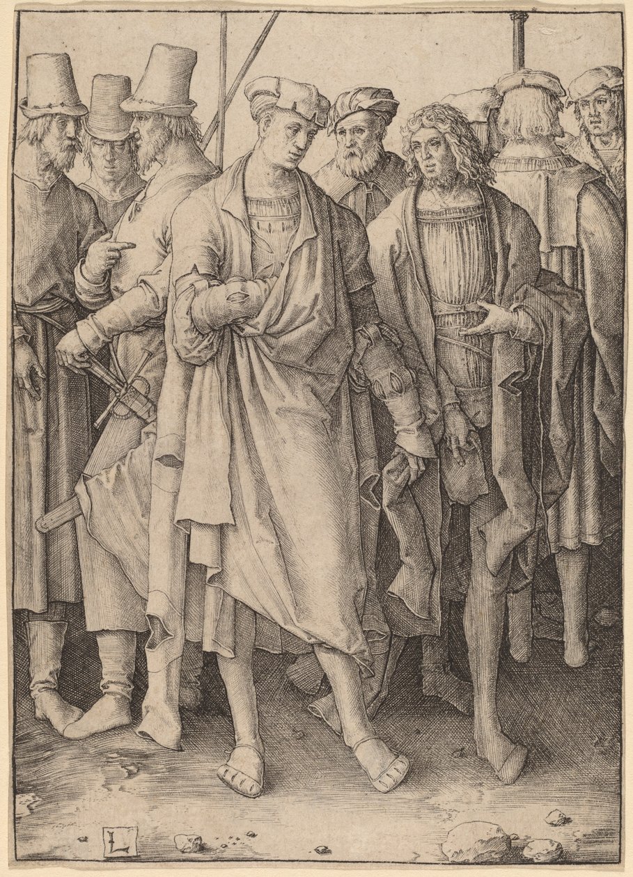 En ung mand med otte bevæbnede mænd af Lucas van Leyden