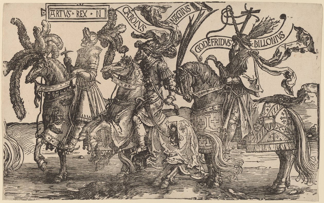 Arthur, Charles den Store (Charlemagne), Godfry af Bouillon af Lucas van Leyden