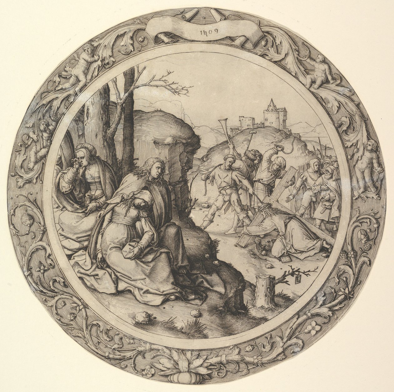 Kristus bærer korset, fra Circular Passion, 1509. af Lucas van Leyden