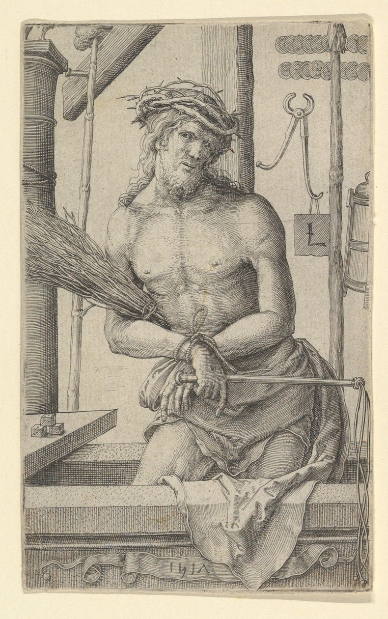 Kristus som sorgens mand med lidenskabens redskaber, 1517. af Lucas van Leyden