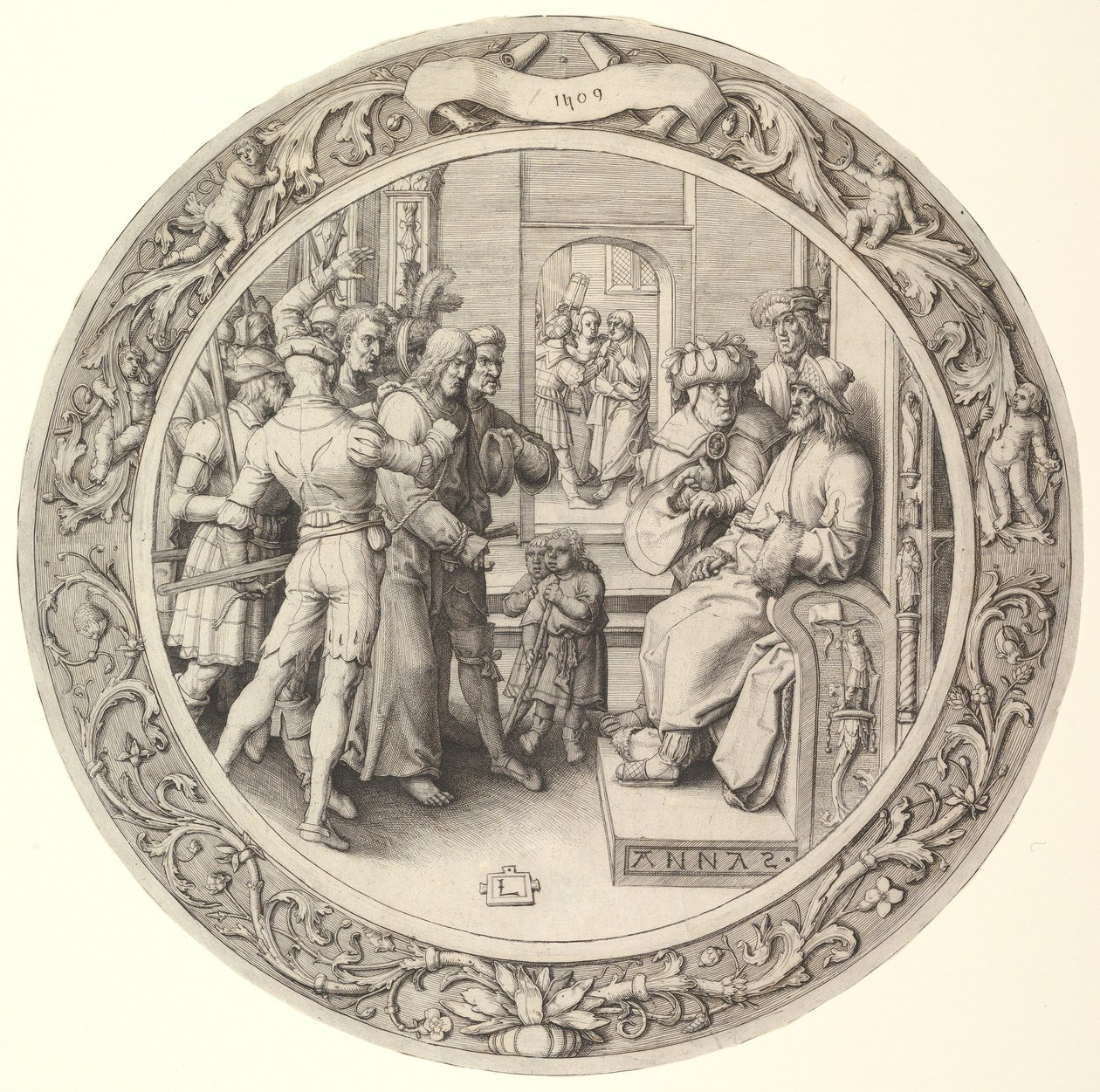 Kristus før Annas, fra Circular Passion, 1509. af Lucas van Leyden