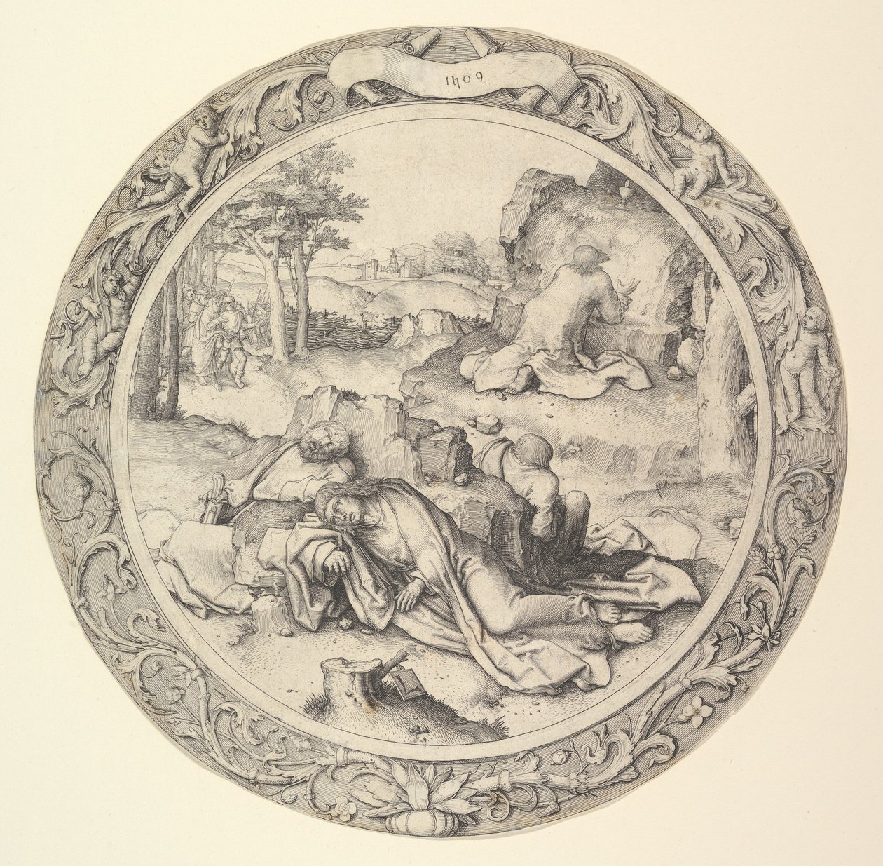 Kristus på Oliebjerget, fra Circular Passion, 1509. af Lucas van Leyden