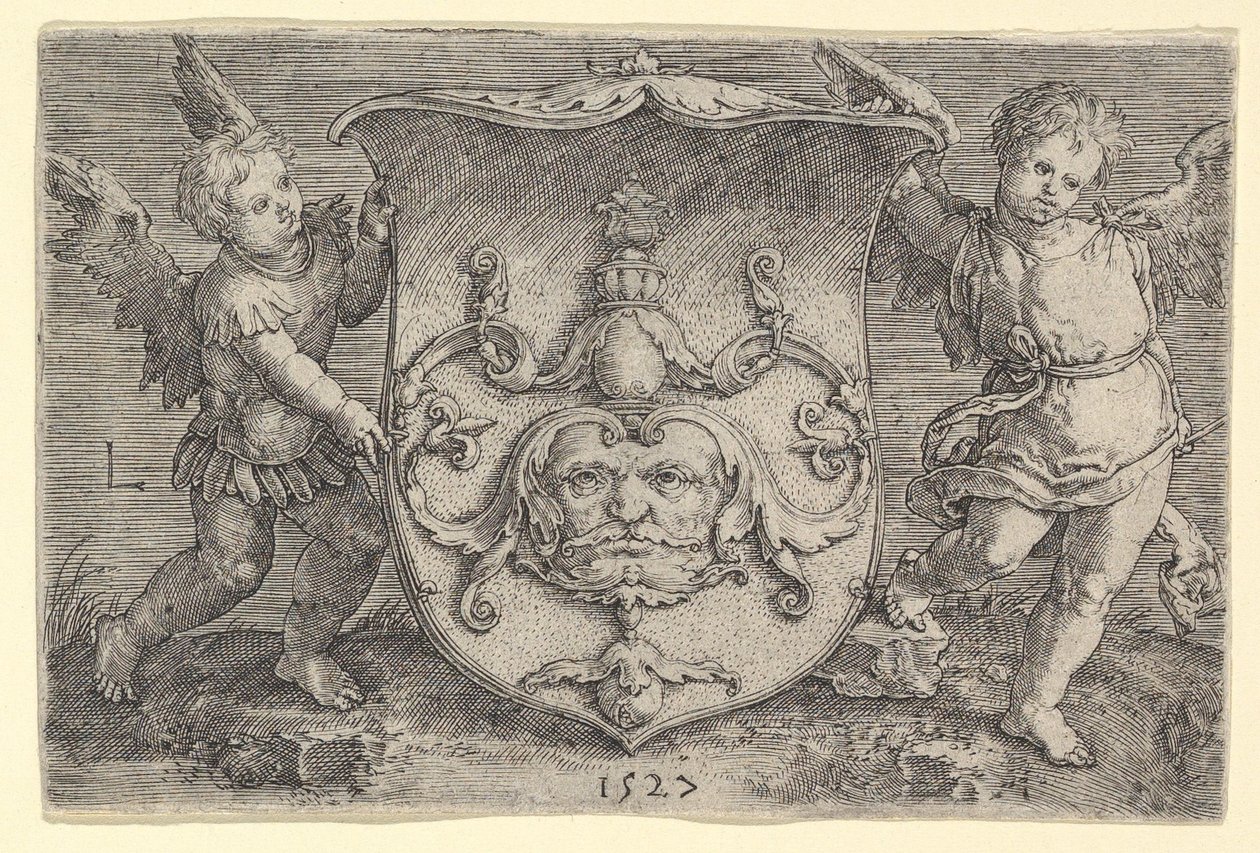 Våbenskjold med maske, holdt af to Genii, 1527. af Lucas van Leyden