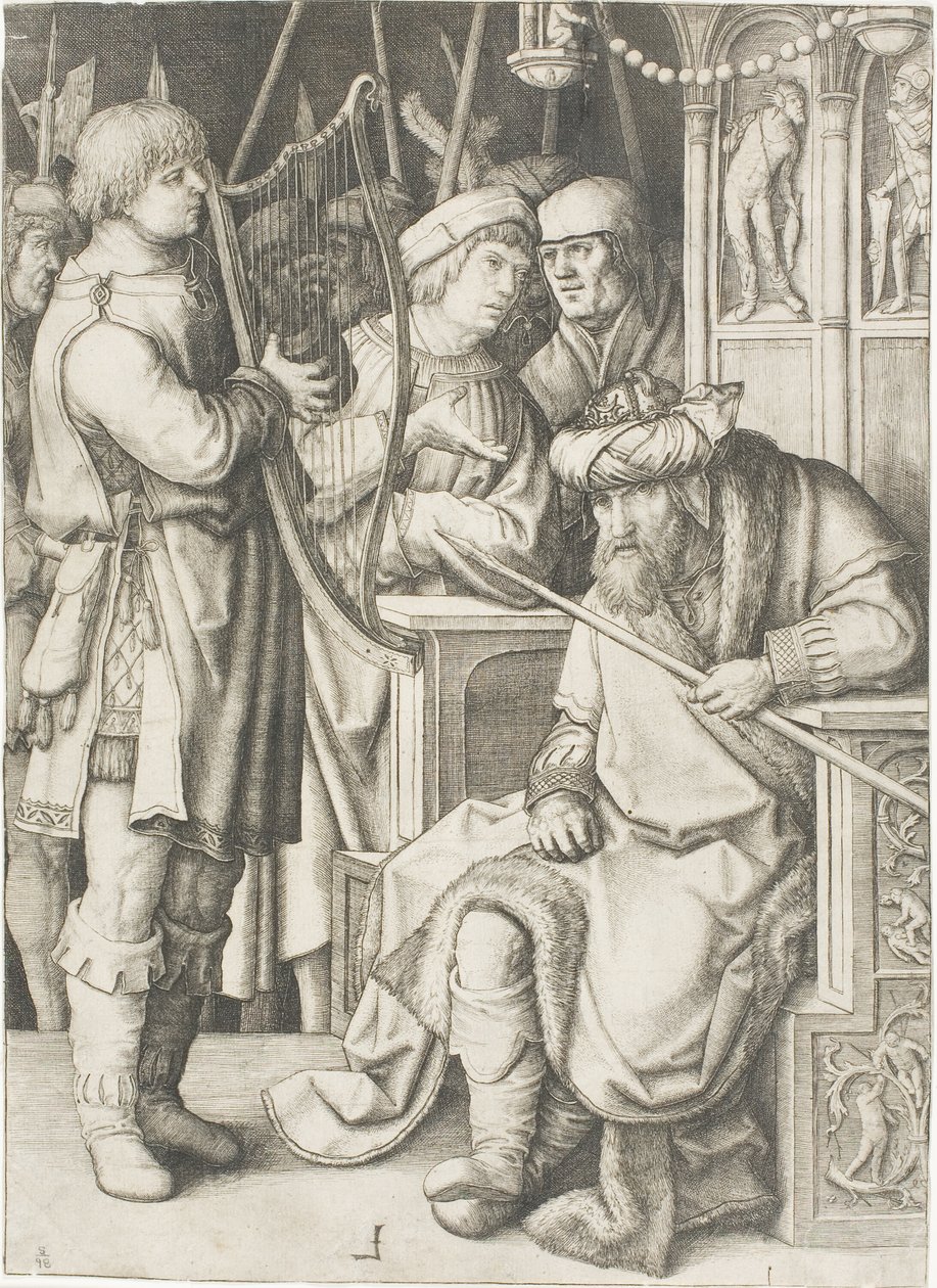 David spiller på harpen før Saul af Lucas van Leyden