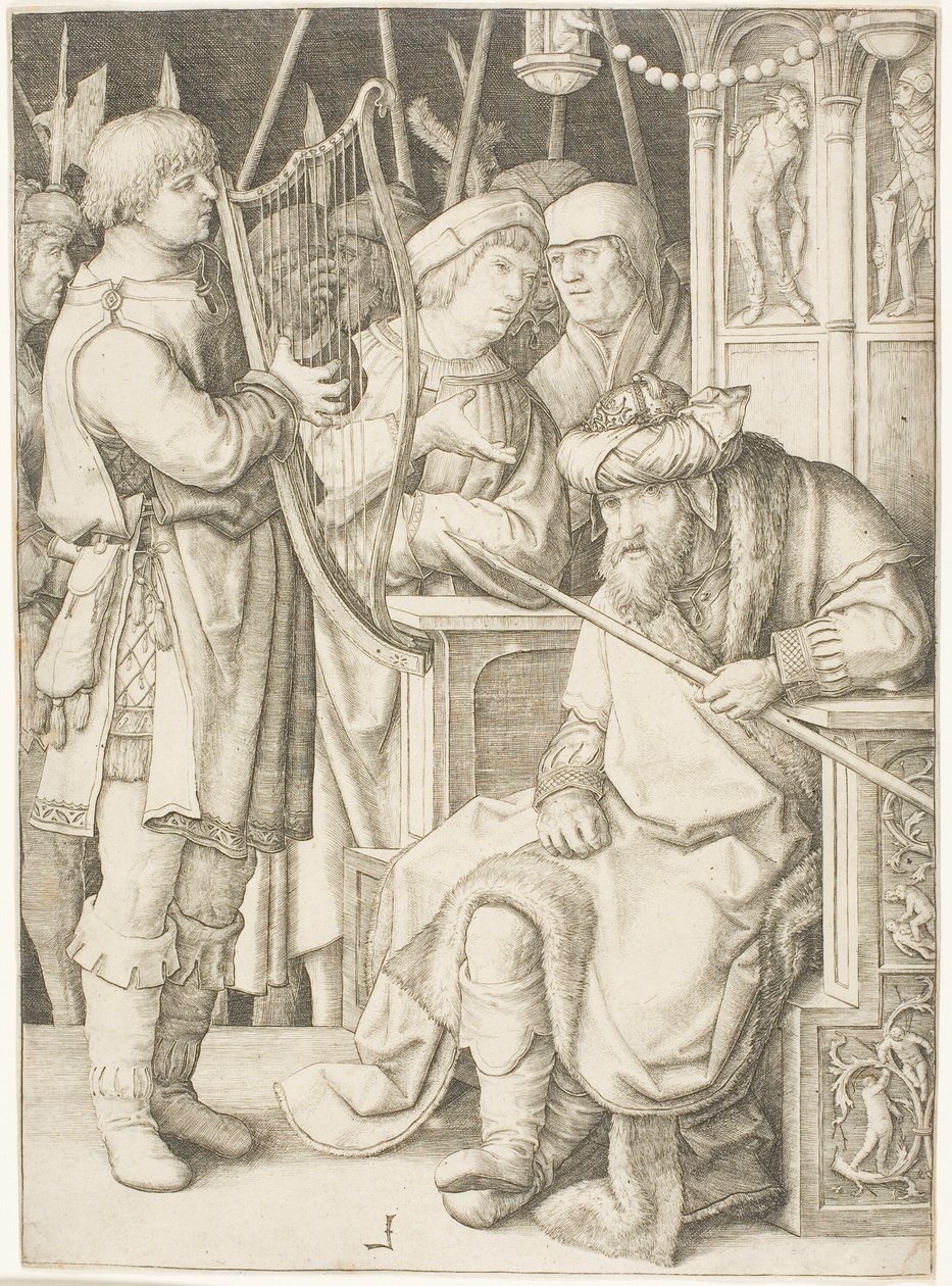 David spiller på harpen før Saul af Lucas van Leyden
