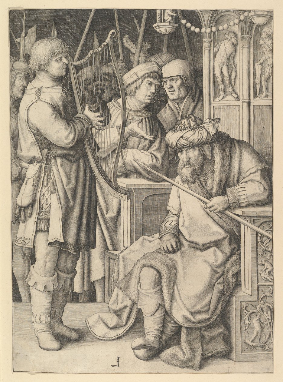 David spiller på harpe for Saul af Lucas van Leyden