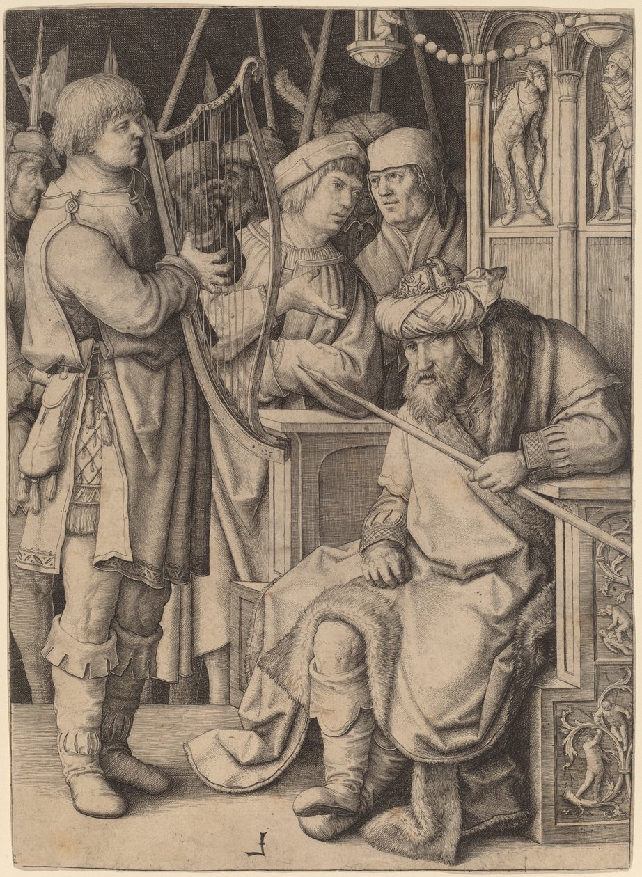 David spiller på harpen før Saul af Lucas van Leyden