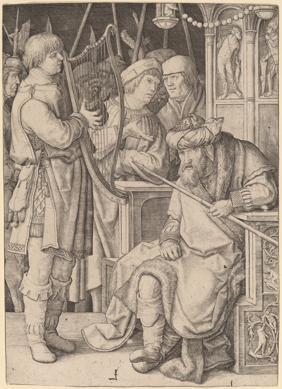 David spiller på harpen før Saul af Lucas van Leyden