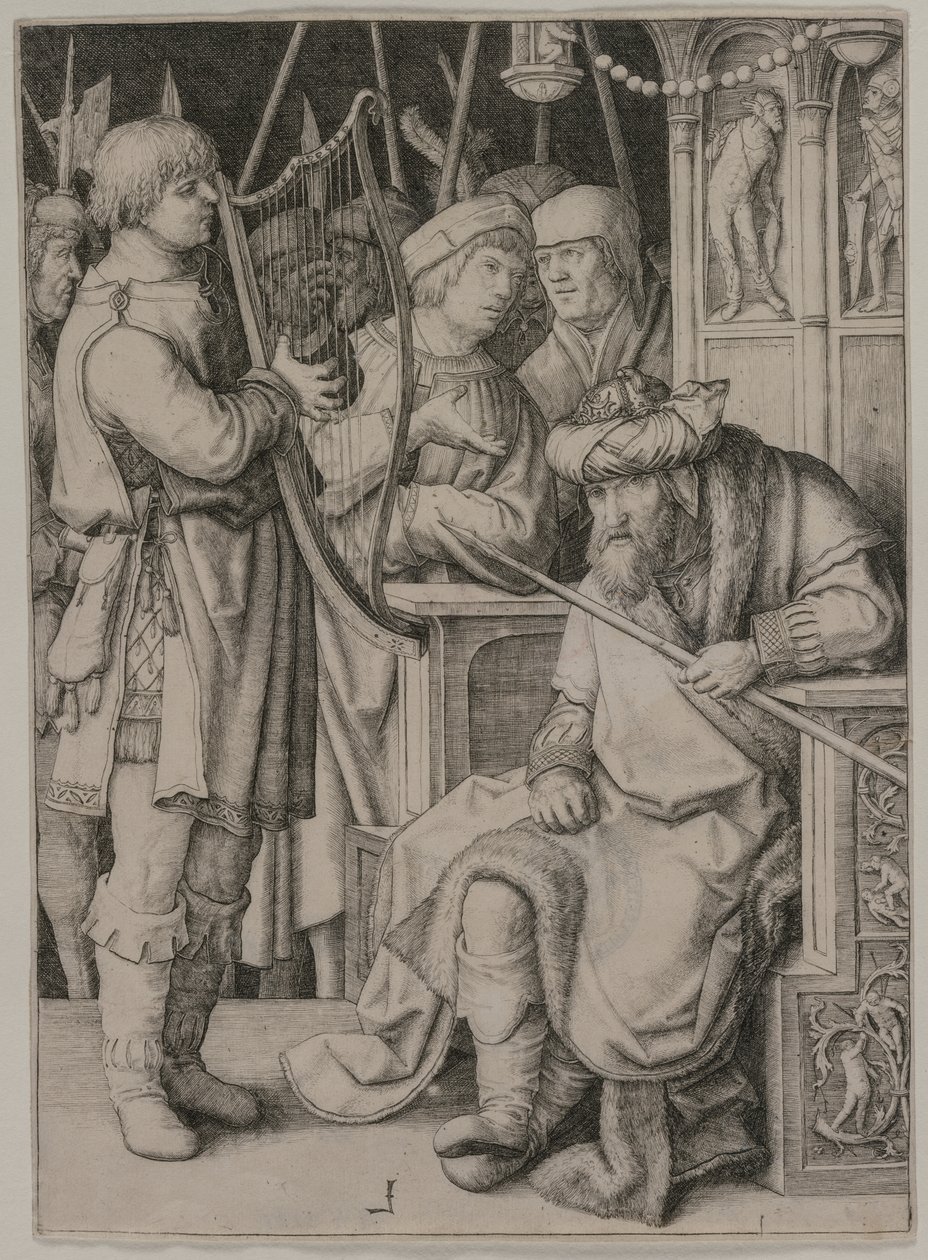 David spiller på harpen før Saul af Lucas van Leyden