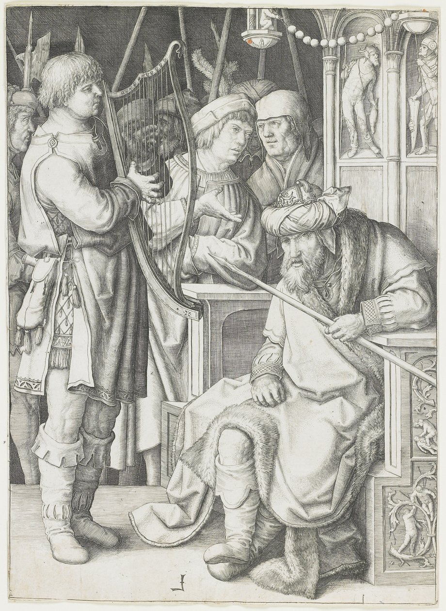 David spiller på harpen før Saul, ca. 1508 af Lucas van Leyden