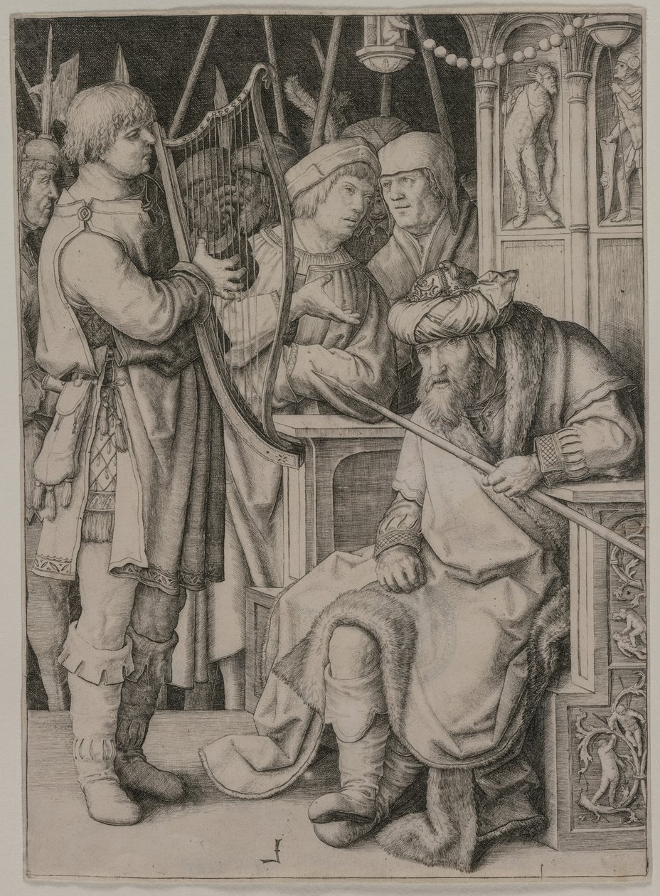 David spiller på harpen før Saul, ca. 1508. af Lucas van Leyden