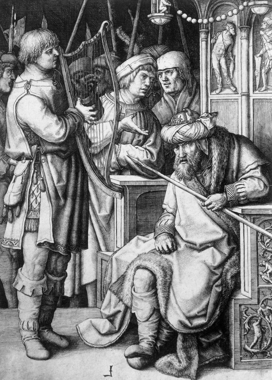 David spiller på harpe foran kong Saul, omkring 1508, af Lucas van Leyden (ca. 1494-1533), gravering af Lucas van Leyden