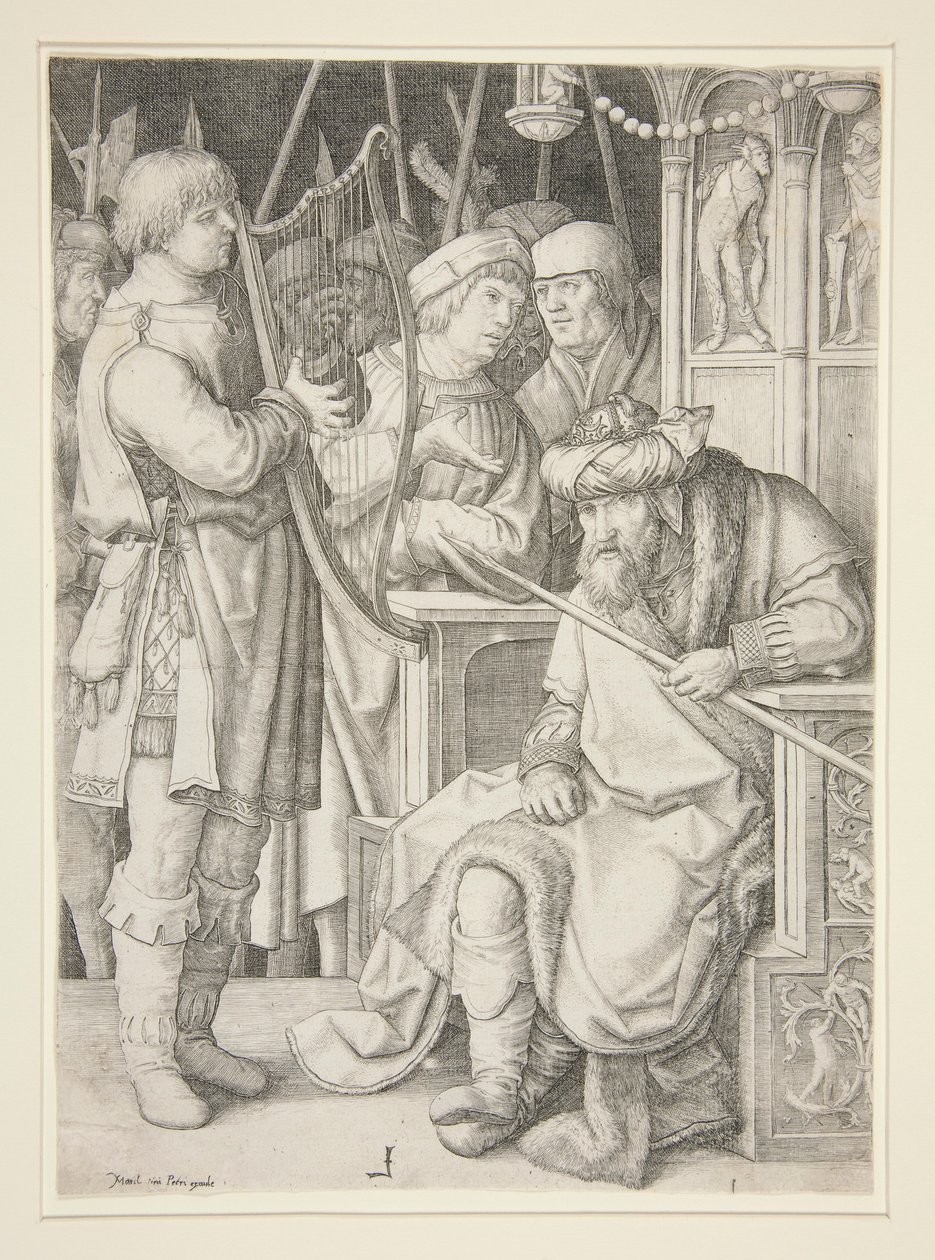David spiller på harpen foran Saul af Lucas van Leyden