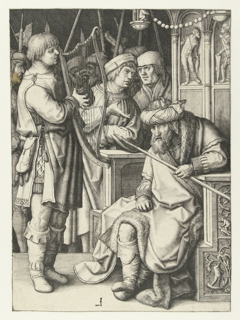 David spiller på harpe for Saul af Lucas van Leyden