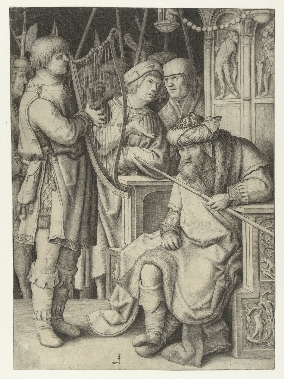 David spiller på harpe for Saul af Lucas van Leyden