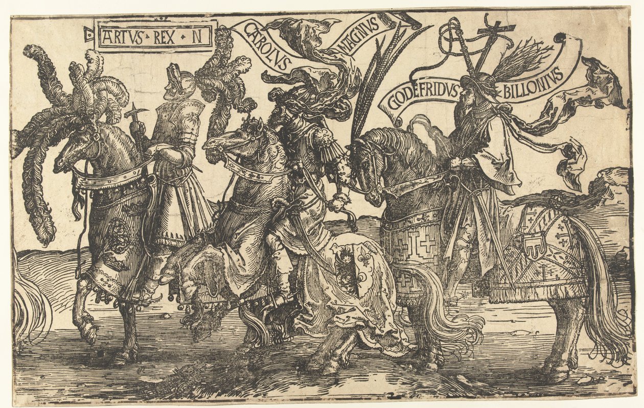 Heltene Kong Arthur, Karl den Store og Godfrey af Bouillon The Nine Heroes (serietitel) af Lucas van Leyden
