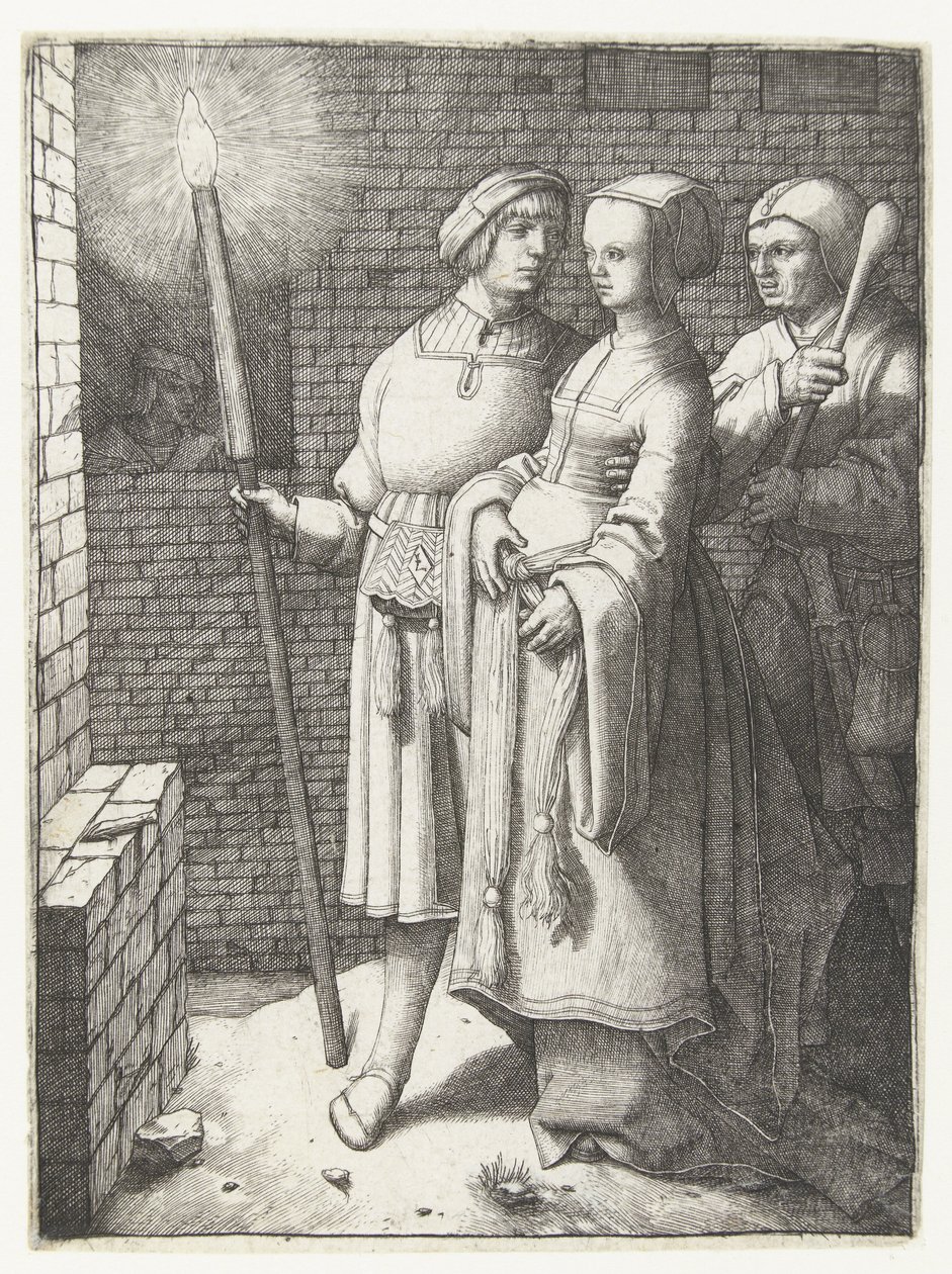 Ung mand med en fakkel, en kvinde og en nar af Lucas van Leyden
