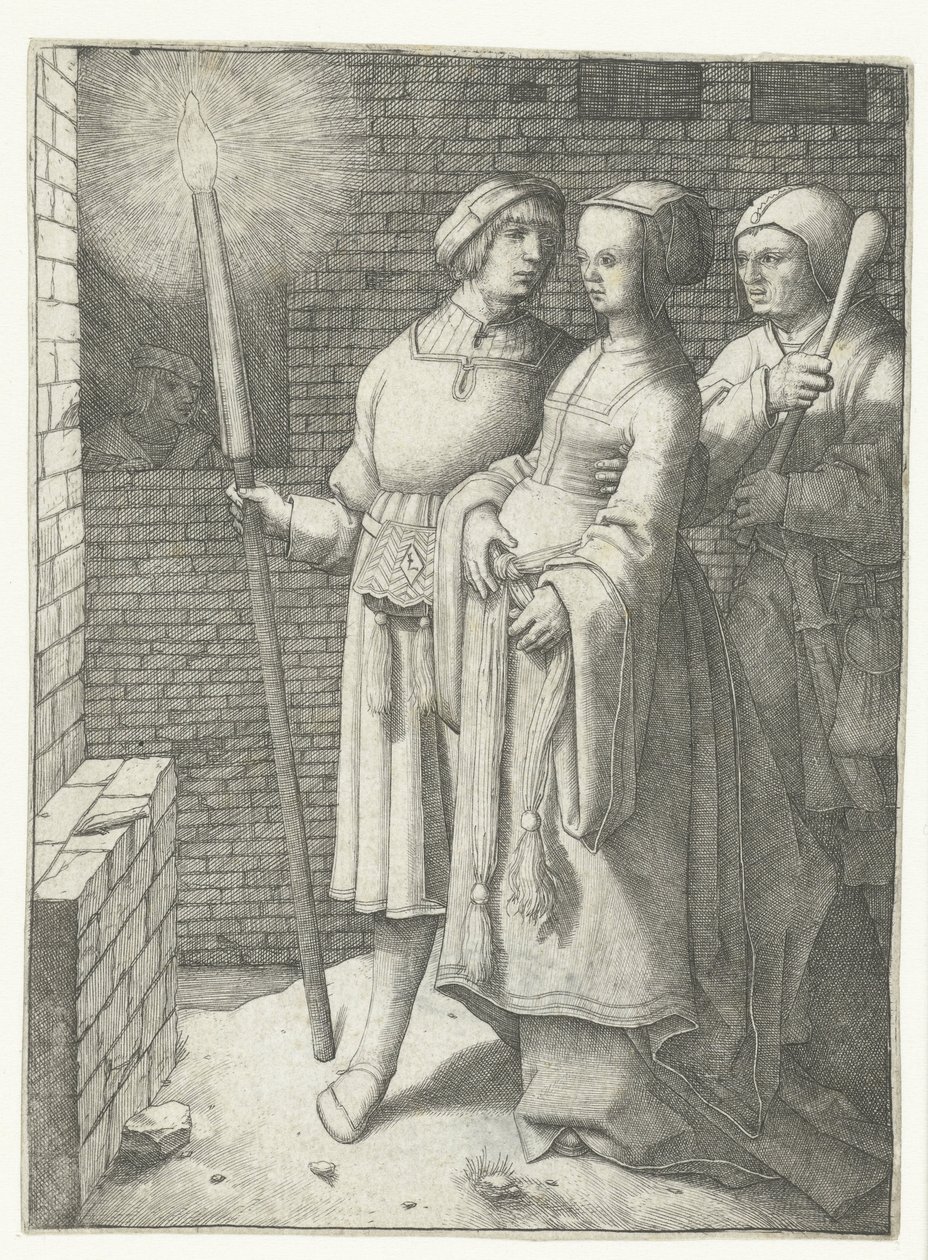 Ung mand med en fakkel, en kvinde og en nar af Lucas van Leyden