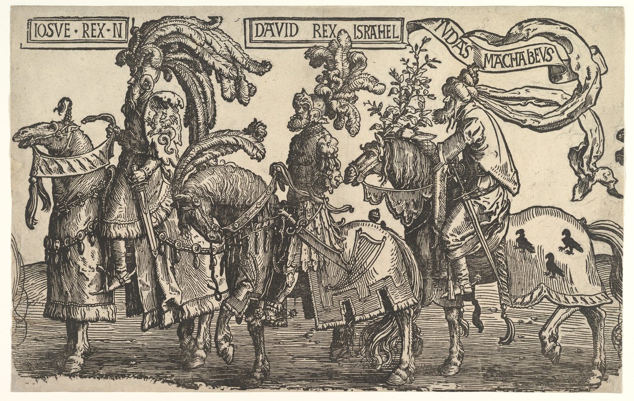Joshua, David og Judas Maccabee, fra The Nine Heroes, ca. 1520. af Lucas van Leyden