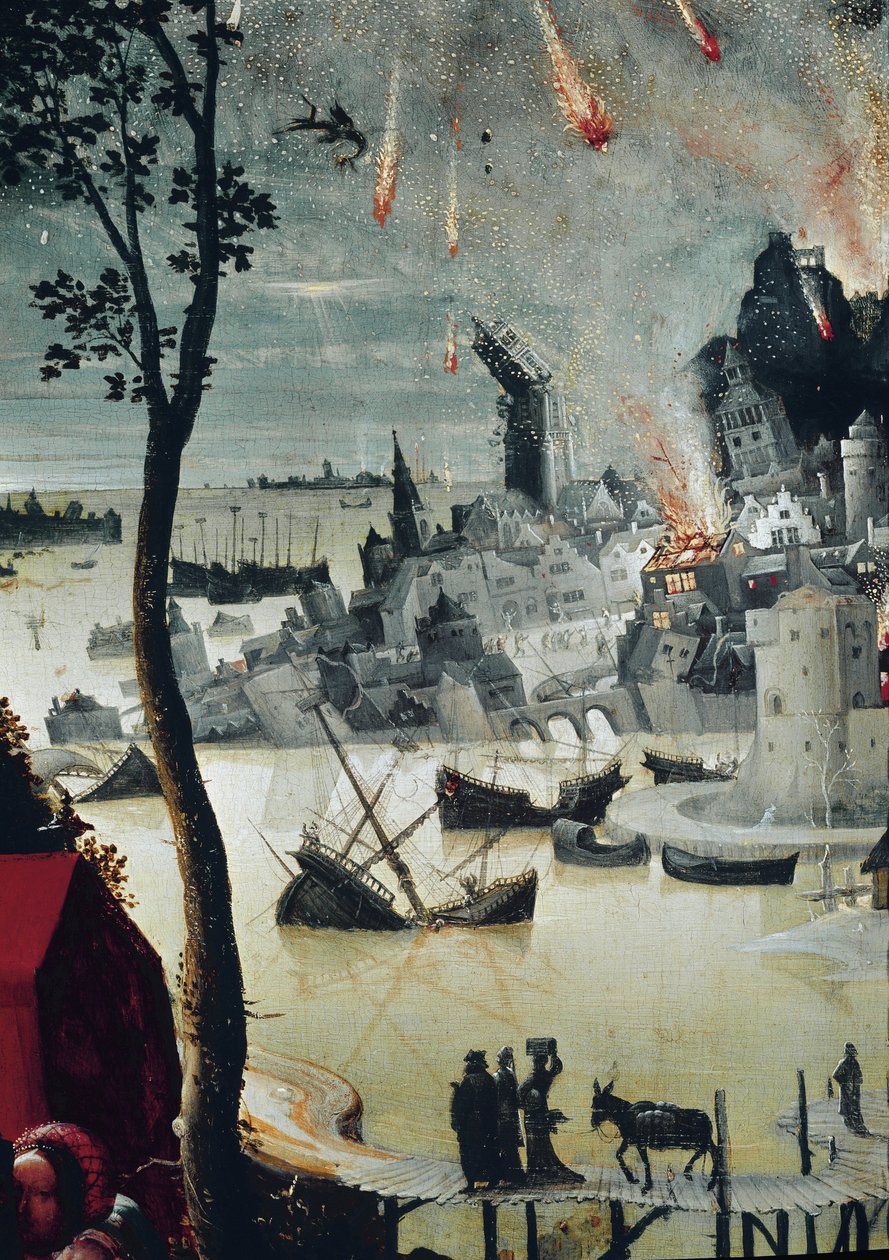 Lot og hans døtre, detaljer om ødelæggelsen af Sodoma (olie på panel, omkring 1517) af Lucas van Leyden