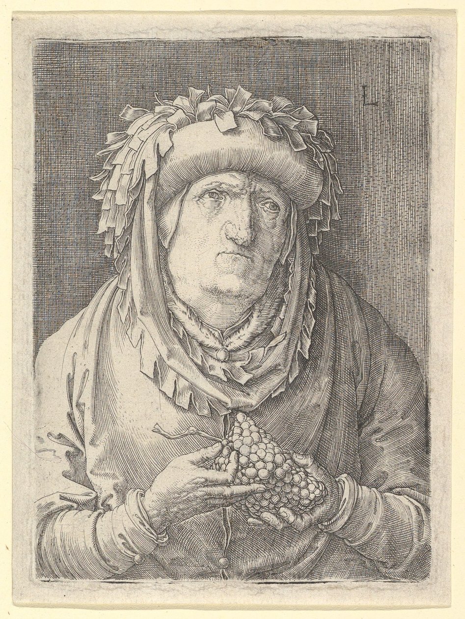 Gammel kvinde med druer, ca. 1523. af Lucas van Leyden