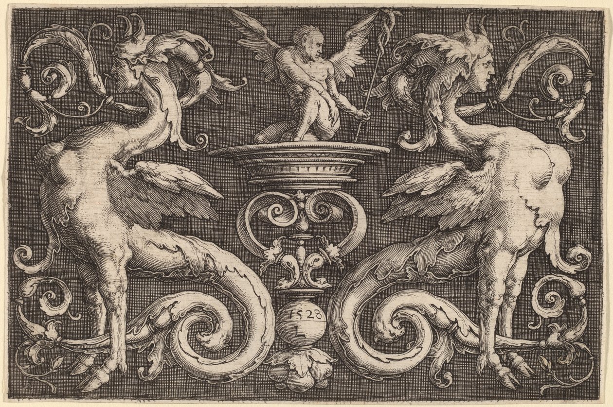 Ornament med to sfinxer og en bevinget mand af Lucas van Leyden