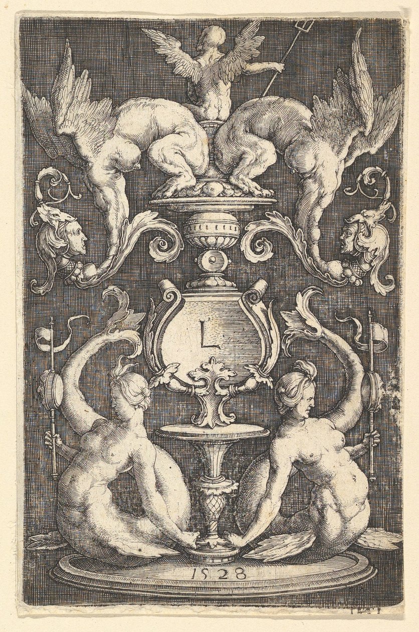 Panel af ornament med to sirener, 1528. af Lucas van Leyden