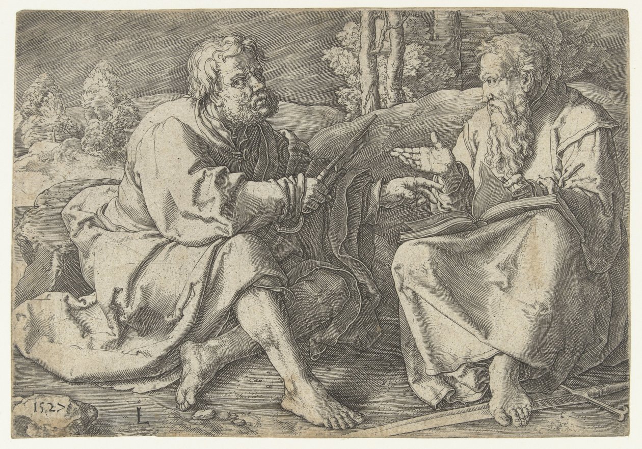 Paul og Peter sidder i et landskab af Lucas van Leyden
