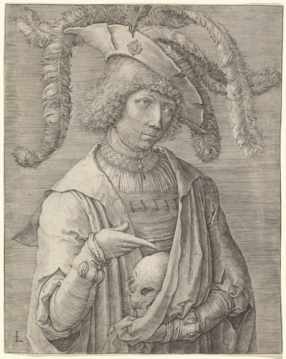 Portræt af en ung mand med en kranie af Lucas van Leyden