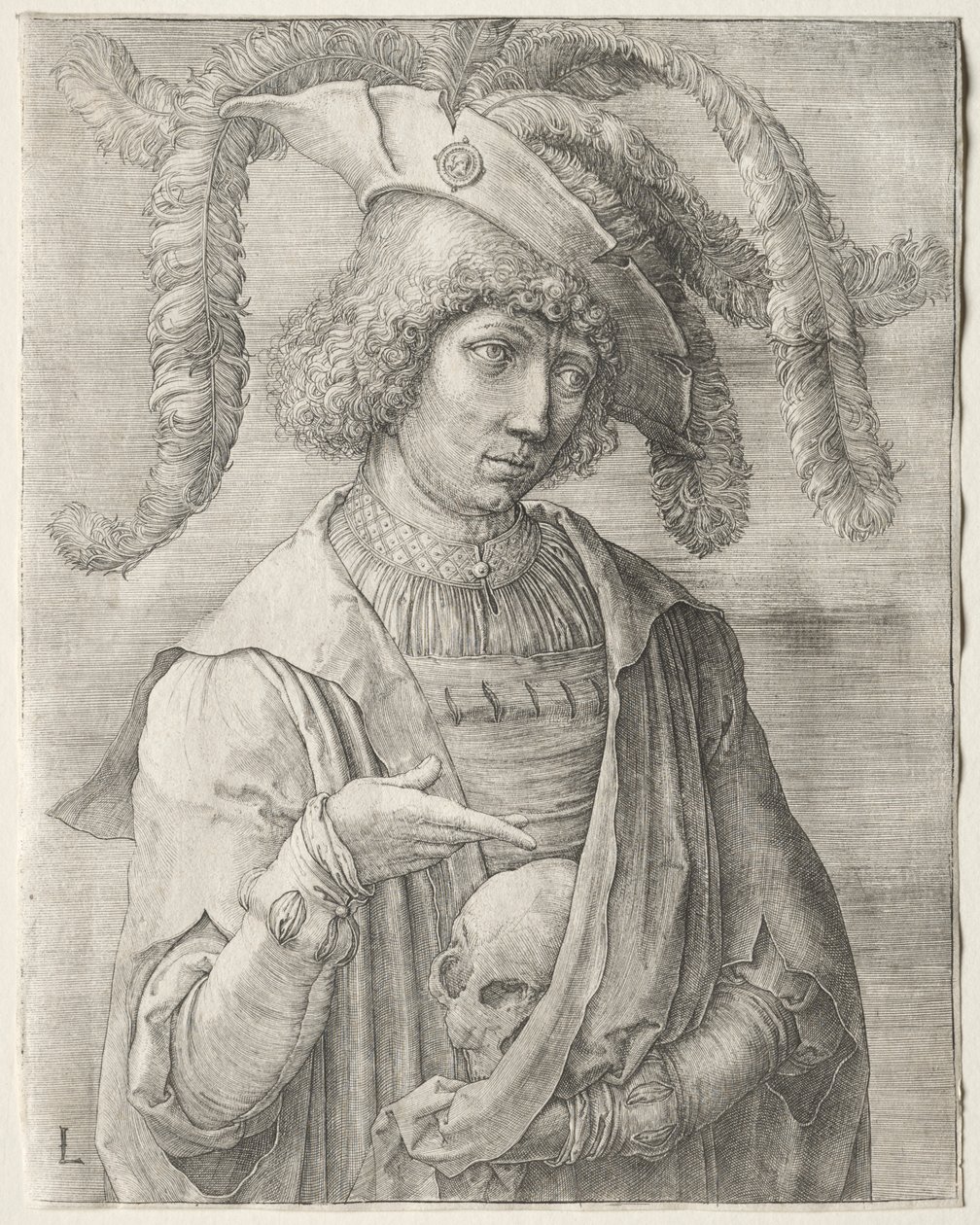 Portræt af en ung mand med en kranie af Lucas van Leyden
