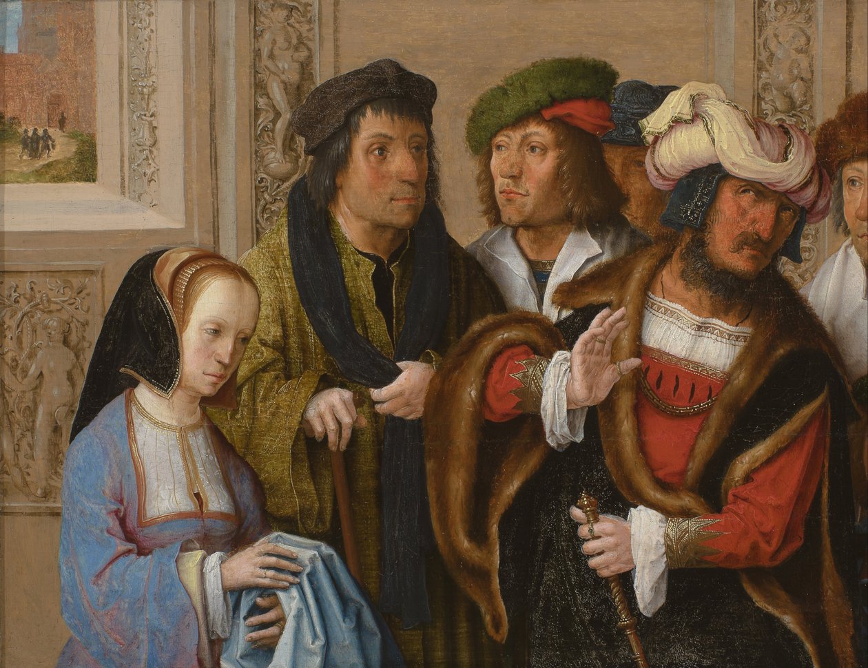 Potifars hustru viser sin mand Josefs kappe. I baggrunden: Josef føres til fængslet af Lucas van Leyden