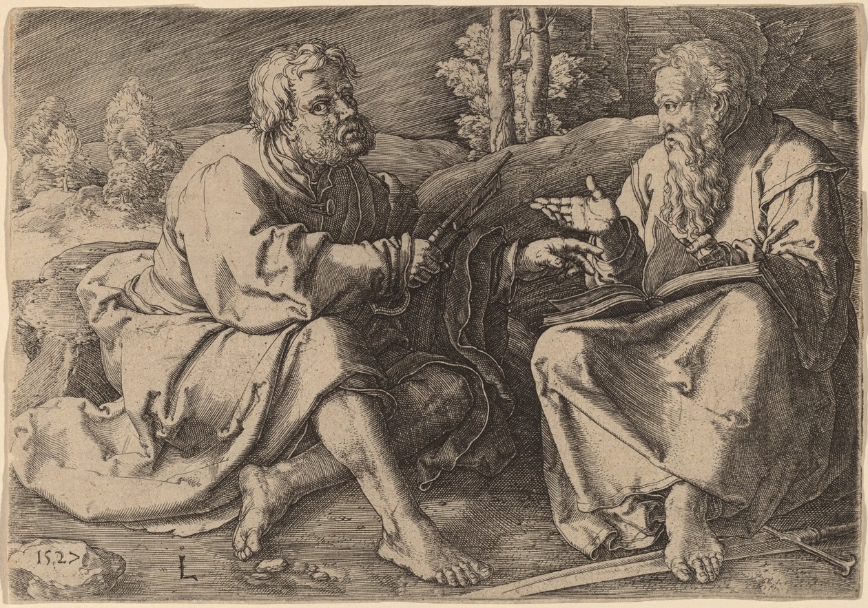 De hellige Peter og Paul sidder i et landskab af Lucas van Leyden