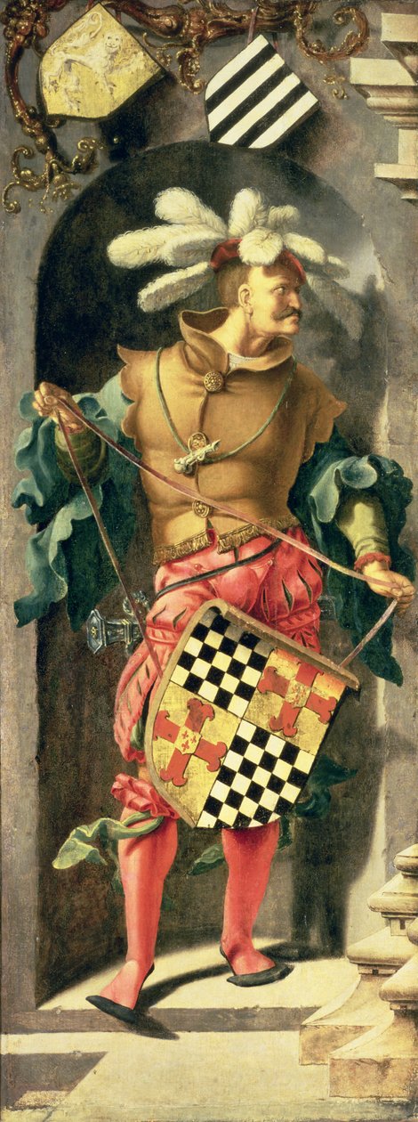 Helbredelsen af den blinde mand i Jeriko, venstre sidepanel af triptykken, der viser en kriger med protektorens våbenskjold, 1531 (olie på lærred overført fra panel) af Lucas van Leyden