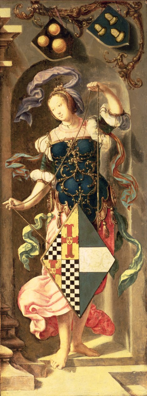 Helbredelsen af den blinde mand i Jeriko, højre side af triptykken, der viser en ung pige med protektorens våbenskjold, 1531 (olie på lærred overført fra panel) af Lucas van Leyden