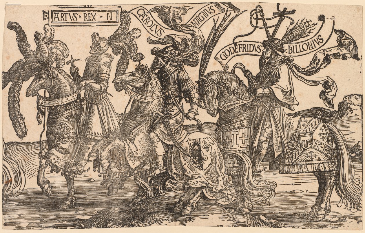 De ni helte: Arthur, Charles den Store Karl den Store, Godfrey af Bouillon, 1515-1517. af Lucas van Leyden