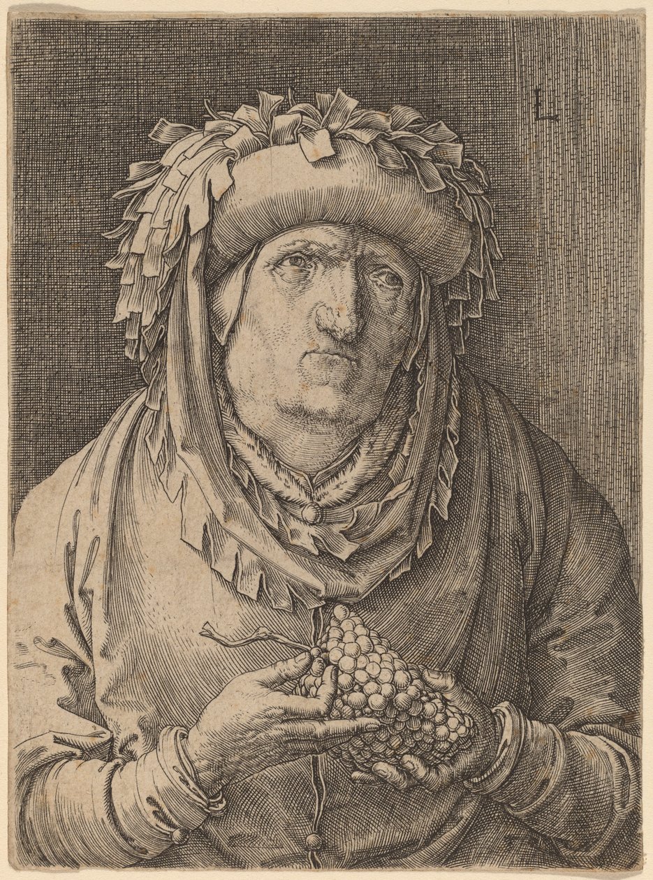 Den gamle kvinde med druer af Lucas van Leyden