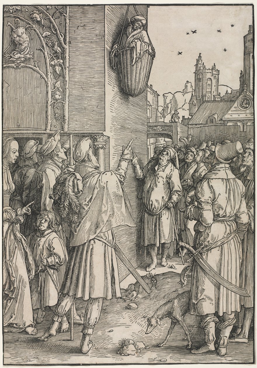 Kvindernes magt: Digteren Virgil suspenderet i en kurv, ca. 1512. af Lucas van Leyden