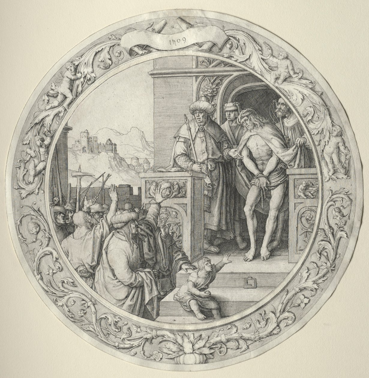 Den runde lidenskab: Kristus præsenteret for folket, 1509. af Lucas van Leyden