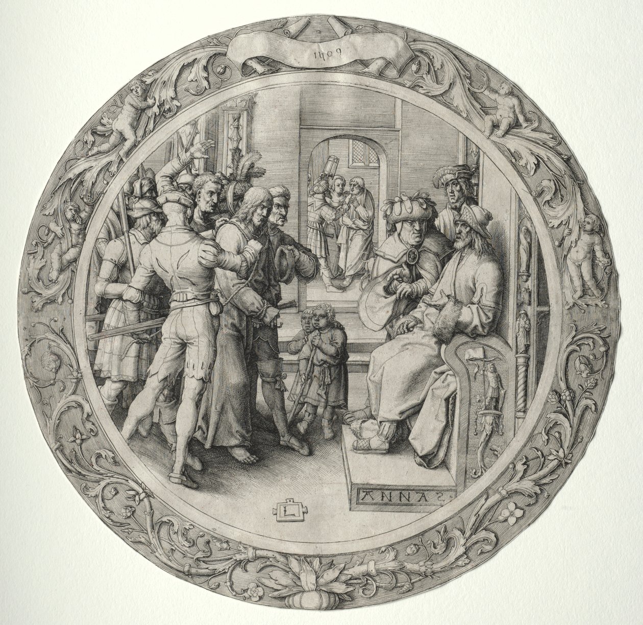 Den runde lidenskab: Kristus foran ypperstepræsten af Lucas van Leyden
