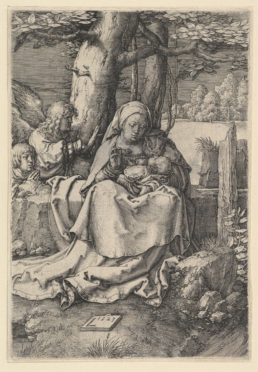 Jomfruen og barnet med to engle, 1523. af Lucas van Leyden