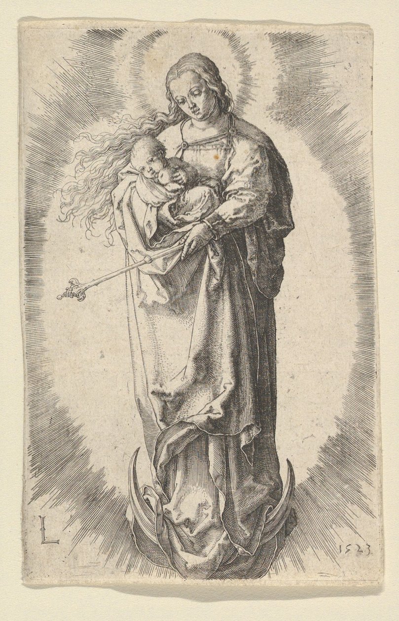 Jomfruen med barn på halvmånen, 1523. af Lucas van Leyden