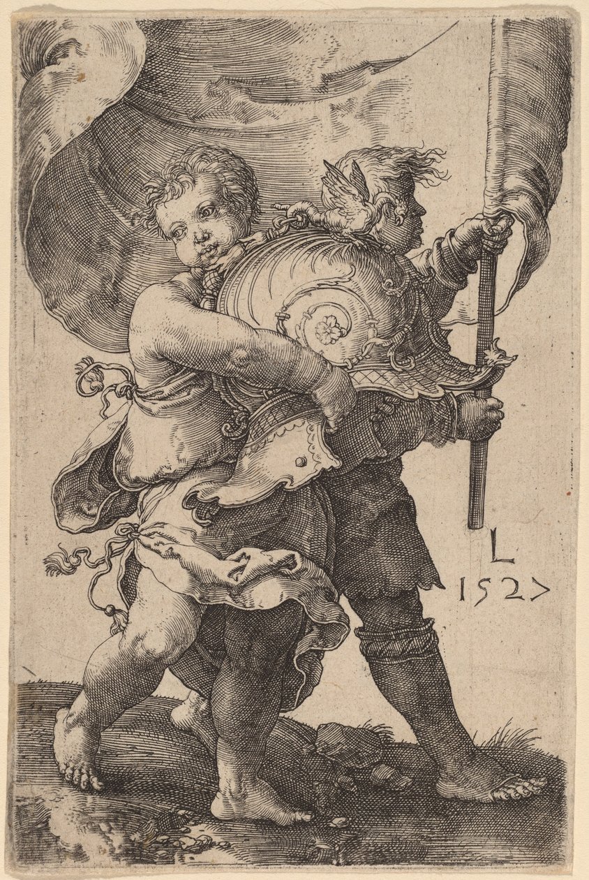 To drenge med en hjelm og en standard af Lucas van Leyden