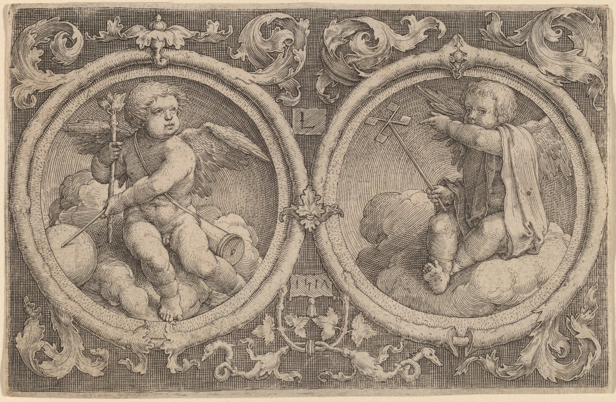 To Amorer siddende på skyer i to cirkler af Lucas van Leyden