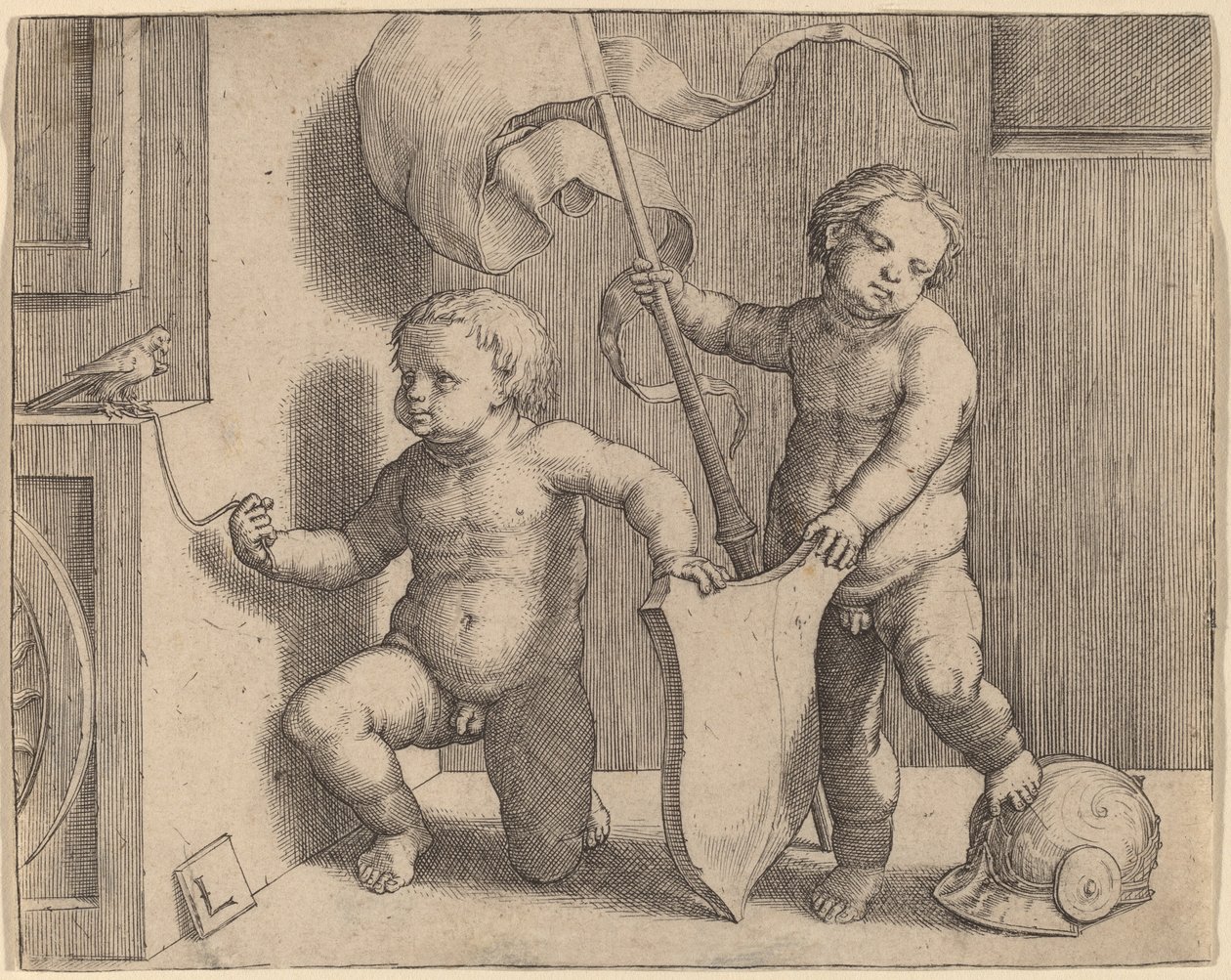To nøgne børn, der støtter et tomt skjold af Lucas van Leyden