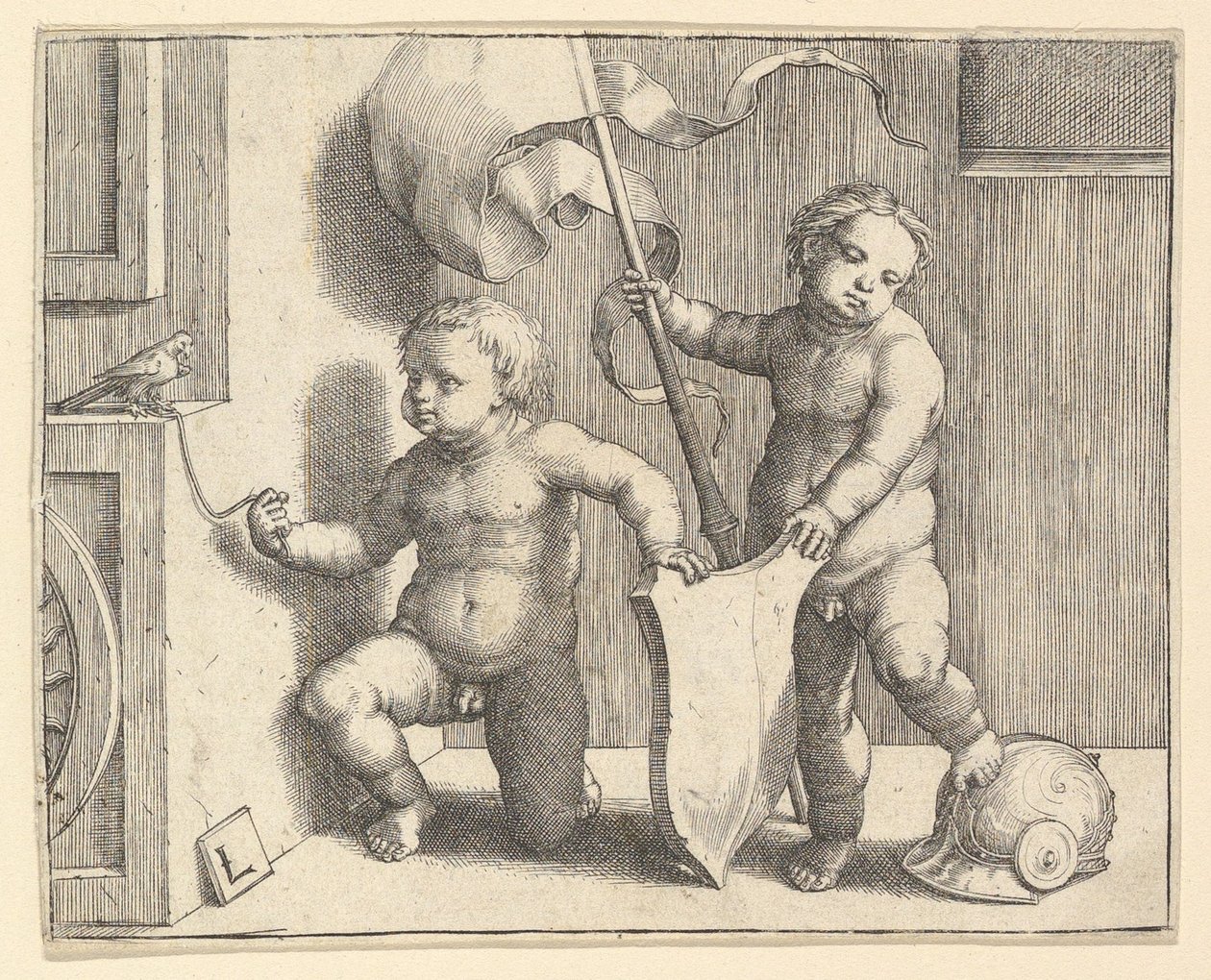 To nøgne børn, der støtter et tomt skjold, ca. 1510. af Lucas van Leyden