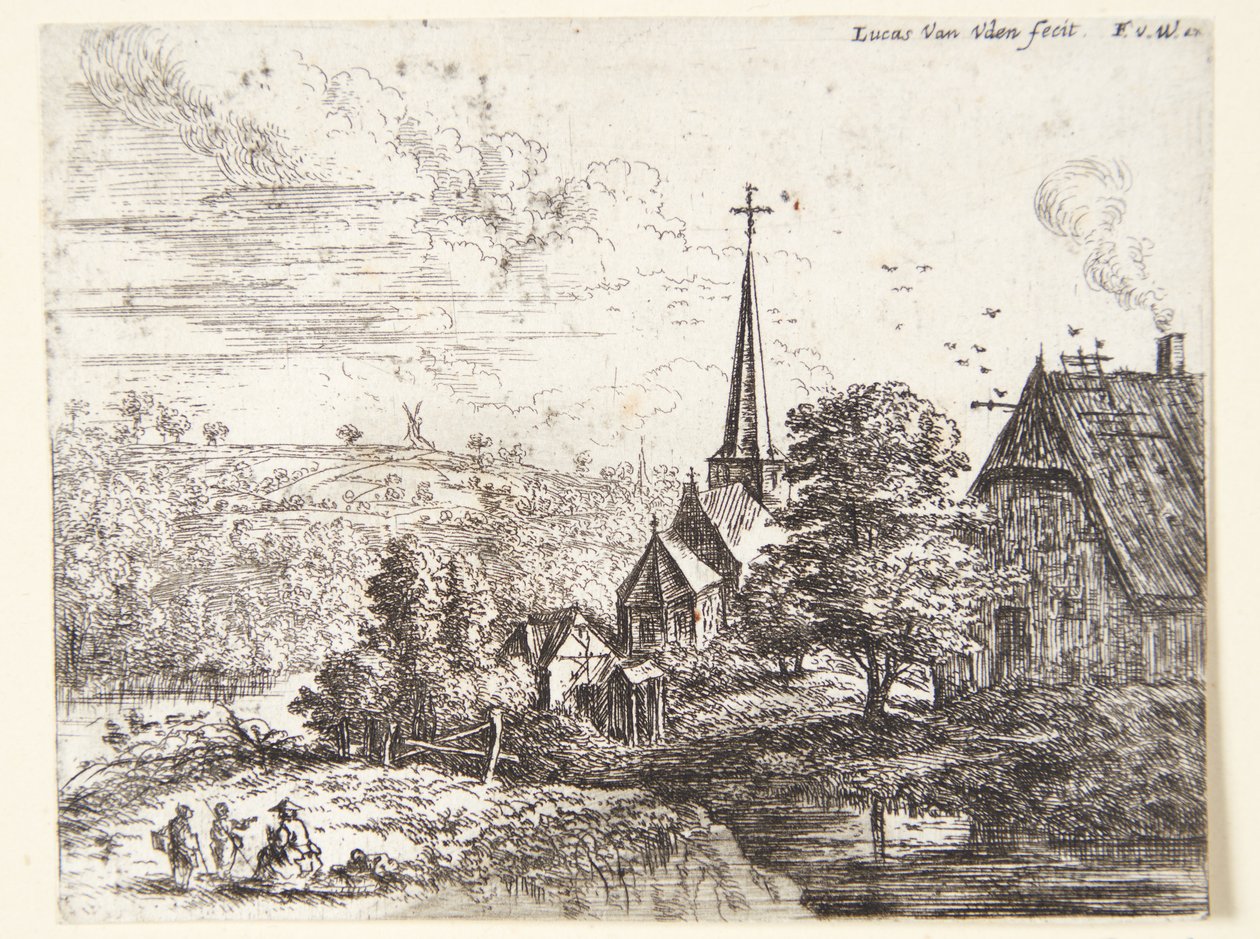 Landsby ved en flod, i forgrunden tre figurer af Lucas van Uden