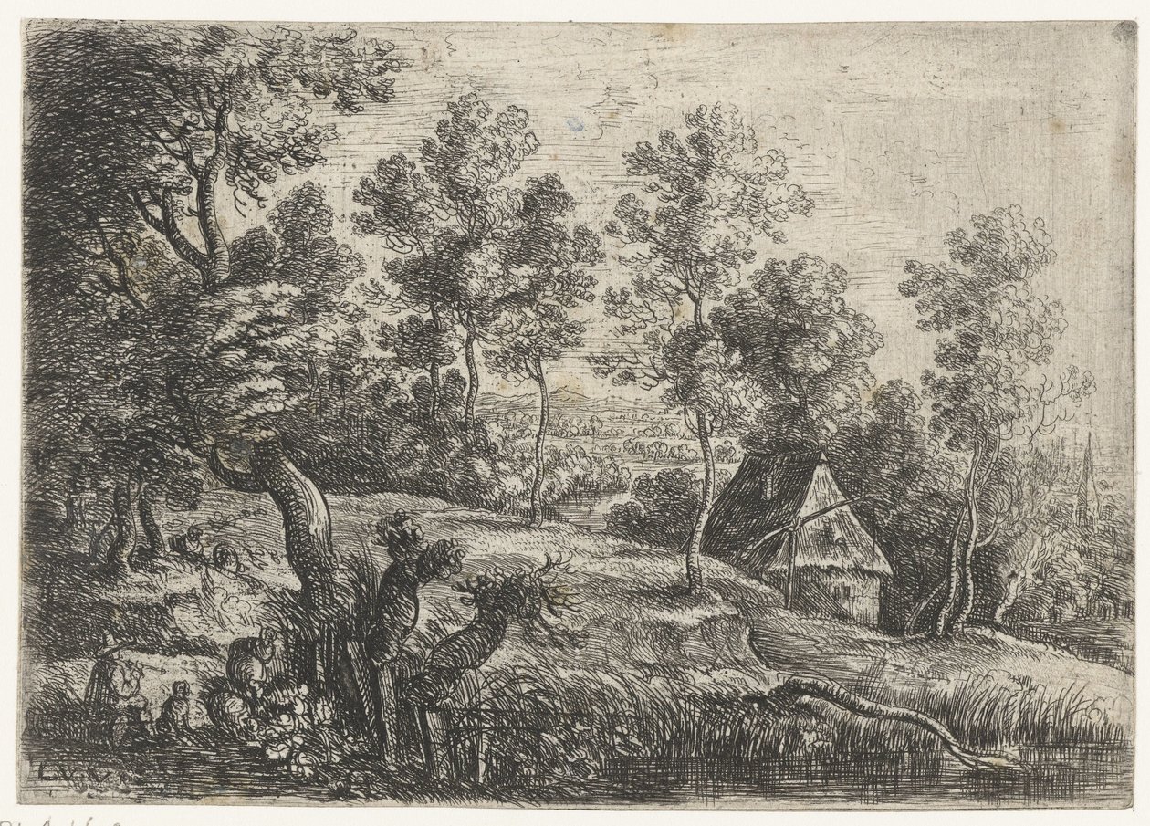 Landskab med et hus og en brønd Fem landskaber (serietitel) af Lucas van Uden